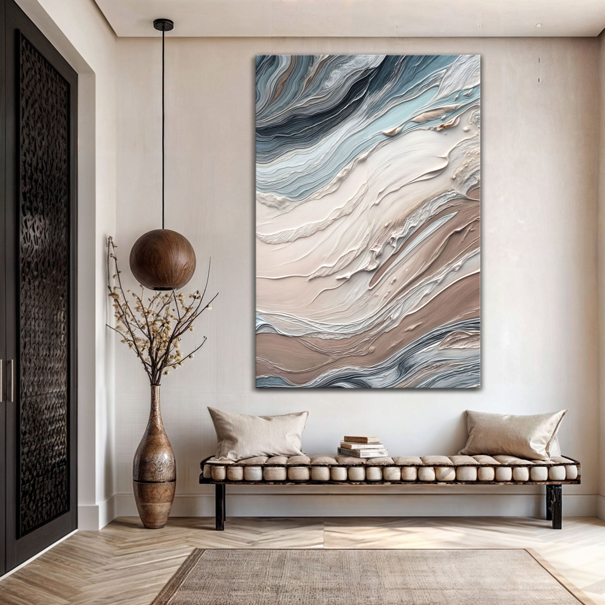 Earth Tone Swirls Wall Art canvas by Tailored Canvases with textured blue beige brown swirls on Tampa Home & Garden Store