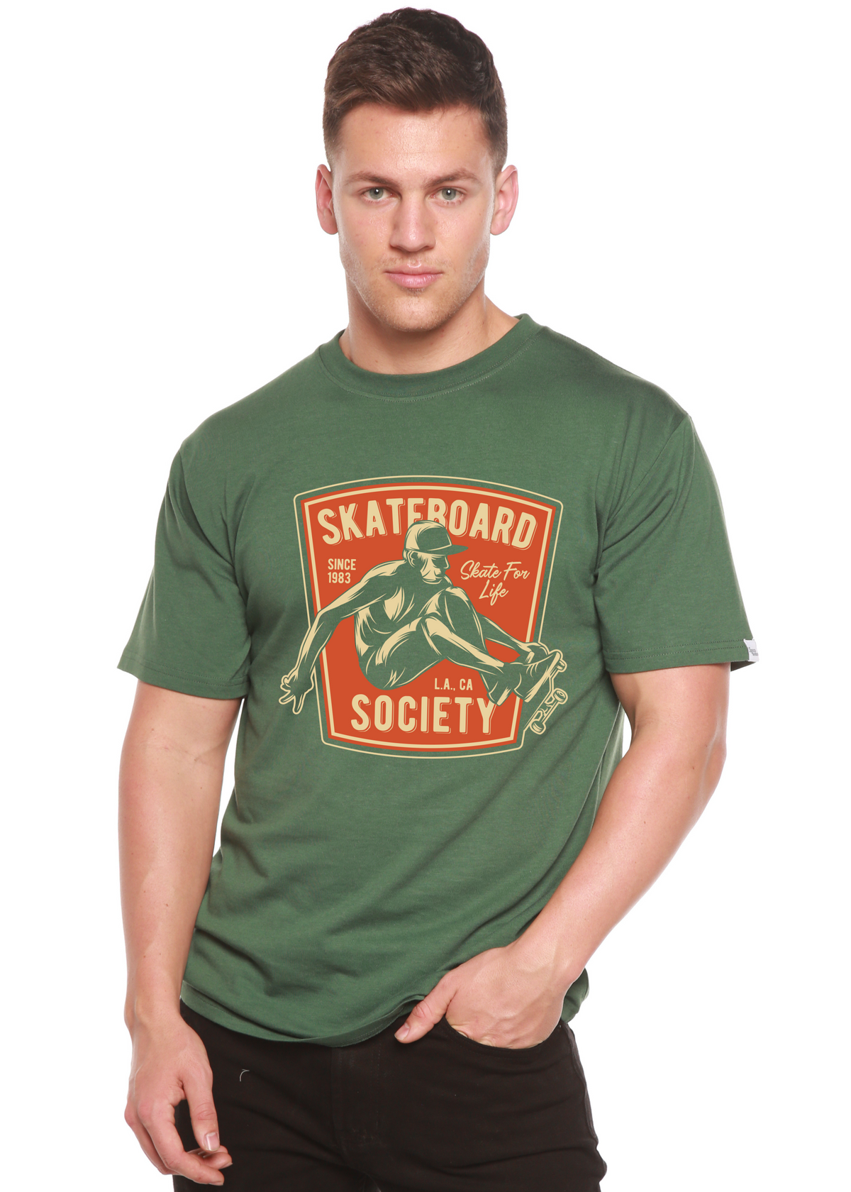 Men's skateboard society graphic T-shirt in green bamboo viscose short sleeve on Tampa Home & Garden Store