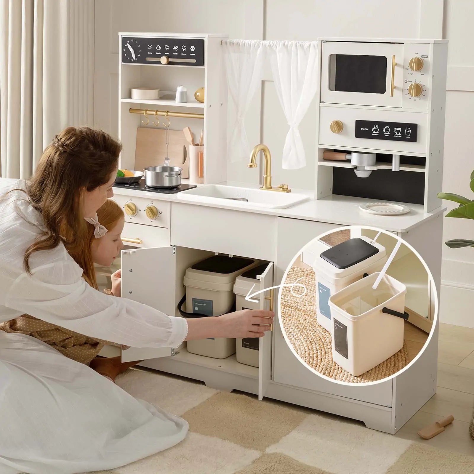 Tiny Land INC play kitchen with running water, cream and aqua finish, brass faucet on Tampa Home & Garden Store