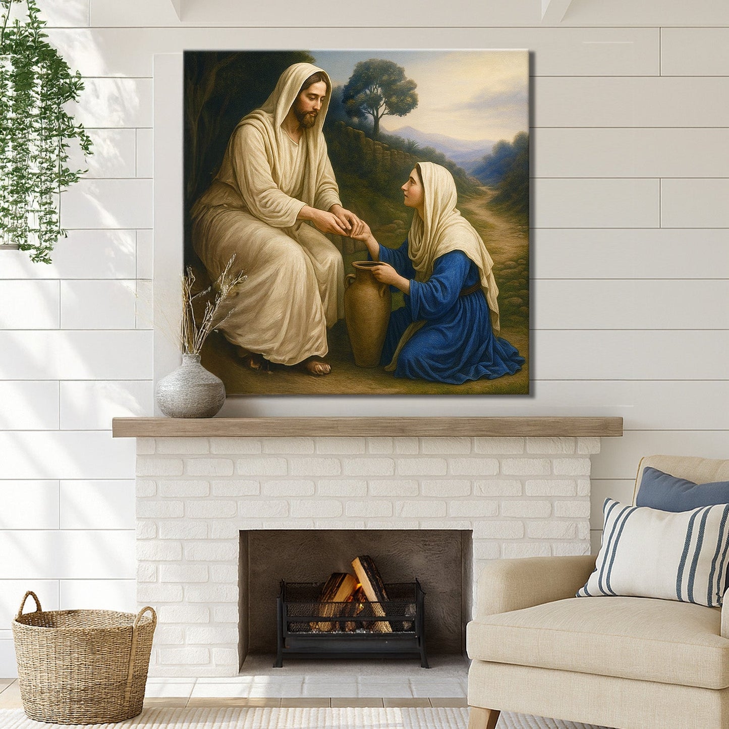 Tailored Canvases Samaritan at the Well Faith Wall Art canvas; beige Jesus with blue-robed woman on Tampa Home & Garden Store