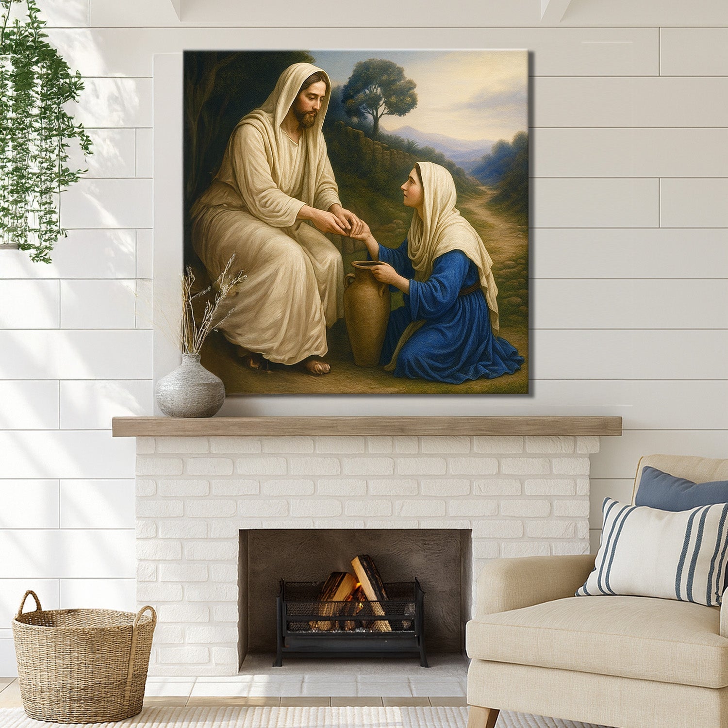 Tailored Canvases Samaritan at the Well Faith Wall Art canvas; beige Jesus with blue-robed woman on Tampa Home & Garden Store