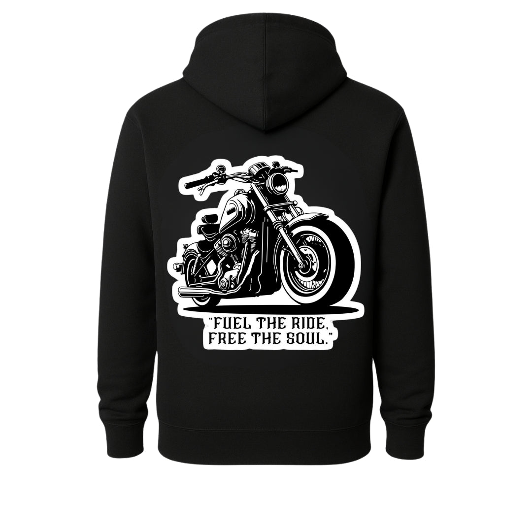 Black hoodie with white motorcycle graphic on back and Fuel the Ride Free the Soul on Tampa Home & Garden Store