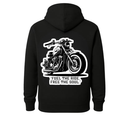 Black hoodie with white motorcycle graphic on back and Fuel the Ride Free the Soul on Tampa Home & Garden Store