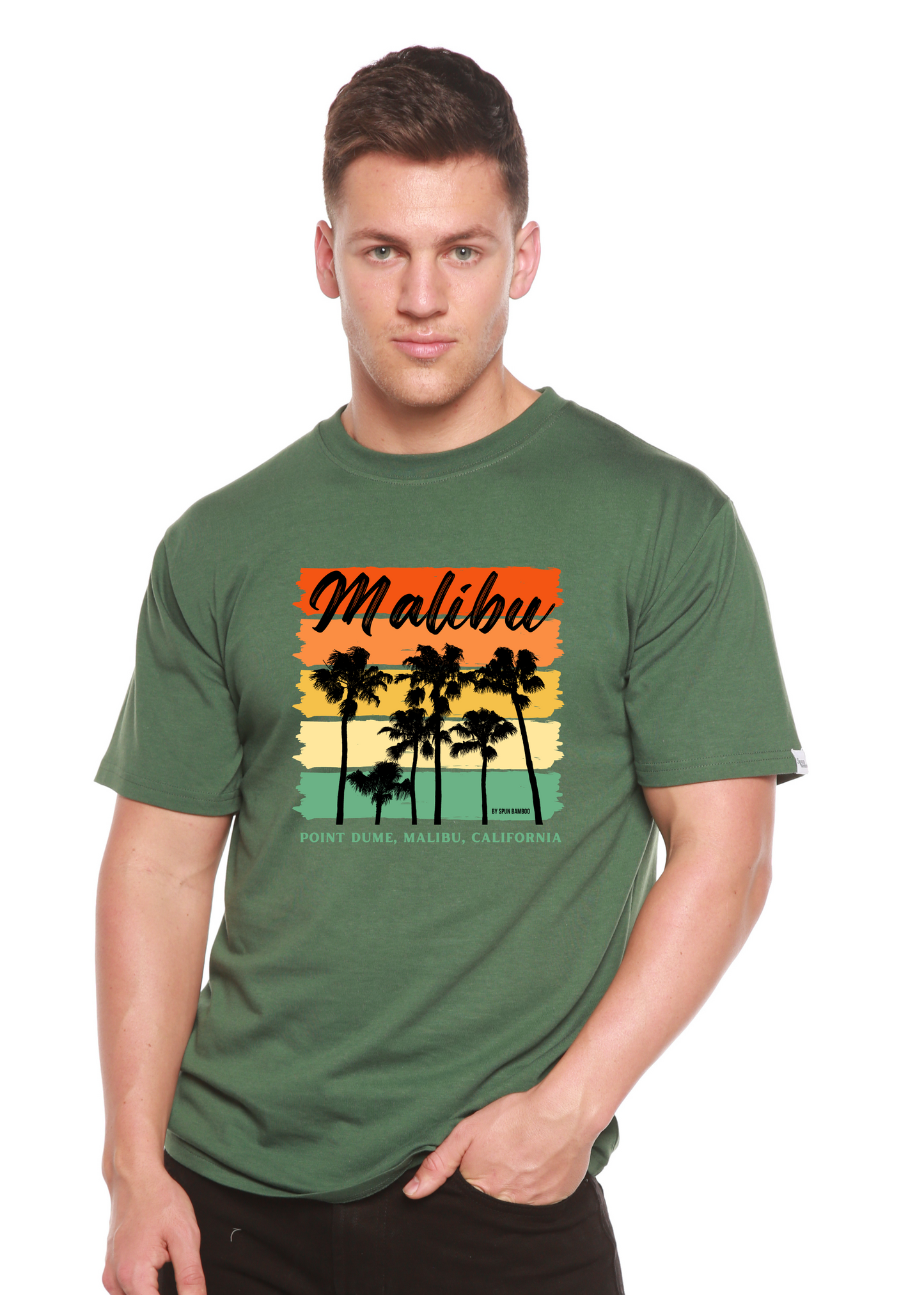 Malibu palm trees graphic on green unisex bamboo viscose/organic cotton tee by Spun Bamboo on Tampa Home & Garden Store