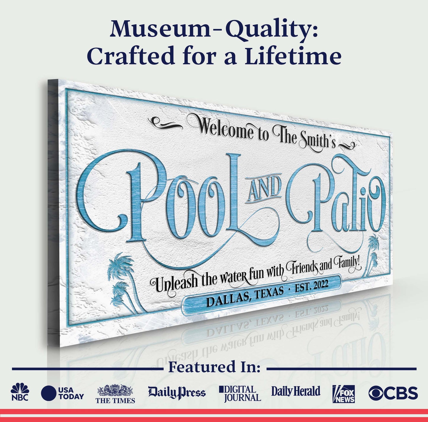 Personalized Pool & Patio Sign canvas by Tailored Canvases; teal script with palm accents on Tampa Home & Garden Store