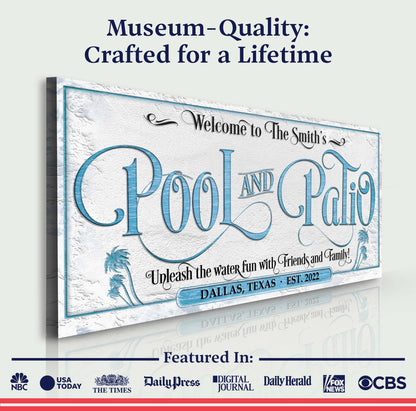 Personalized Pool & Patio Sign canvas by Tailored Canvases; teal script with palm accents on Tampa Home & Garden Store