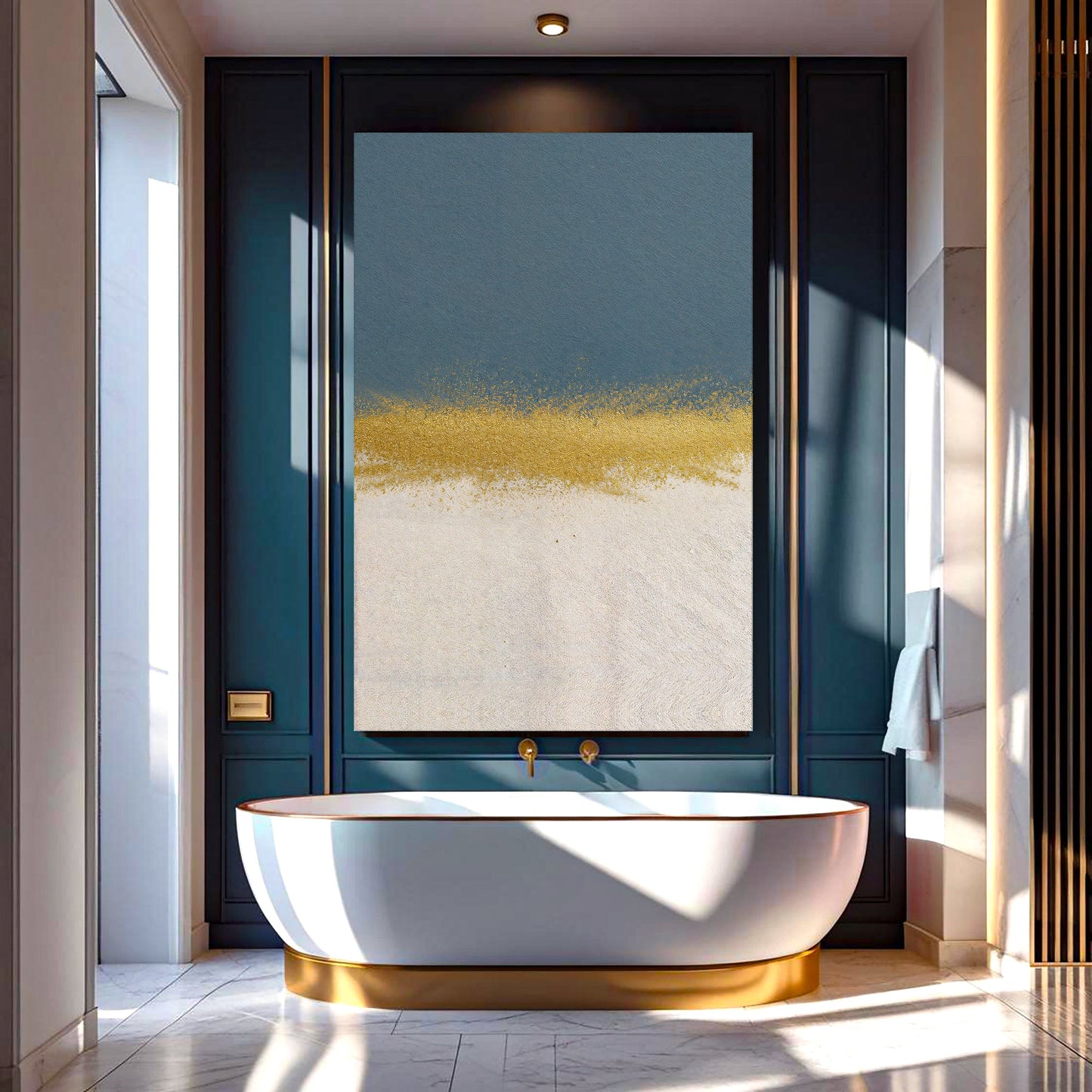 Minimalist blue and gold wall art canvas by Tailored Canvases with textured bottom on Tampa Home & Garden Store