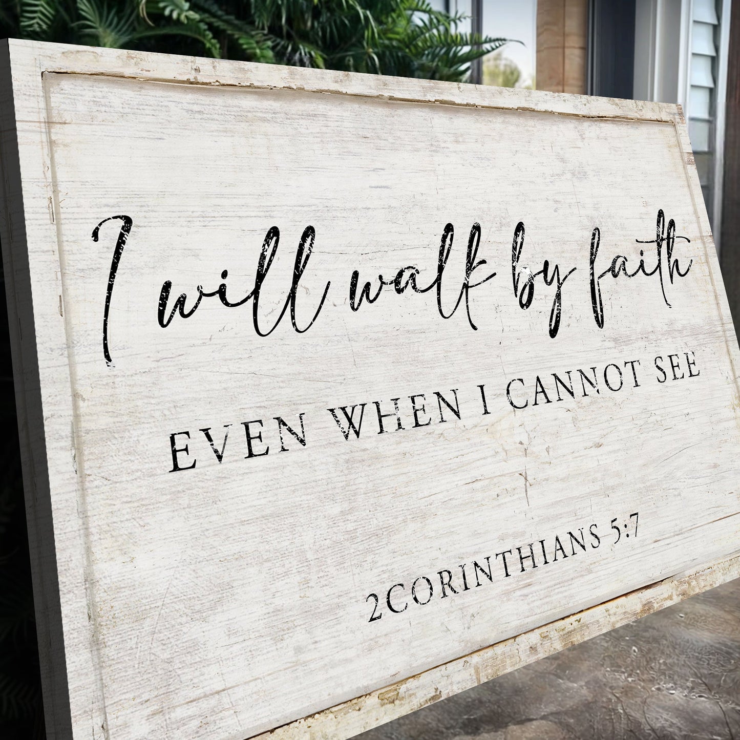 Canvas Faith Sign II on whitewashed wood panel with black cursive text I Will Walk By Faith Even When I Cannot See on Tampa Home & Garden Store