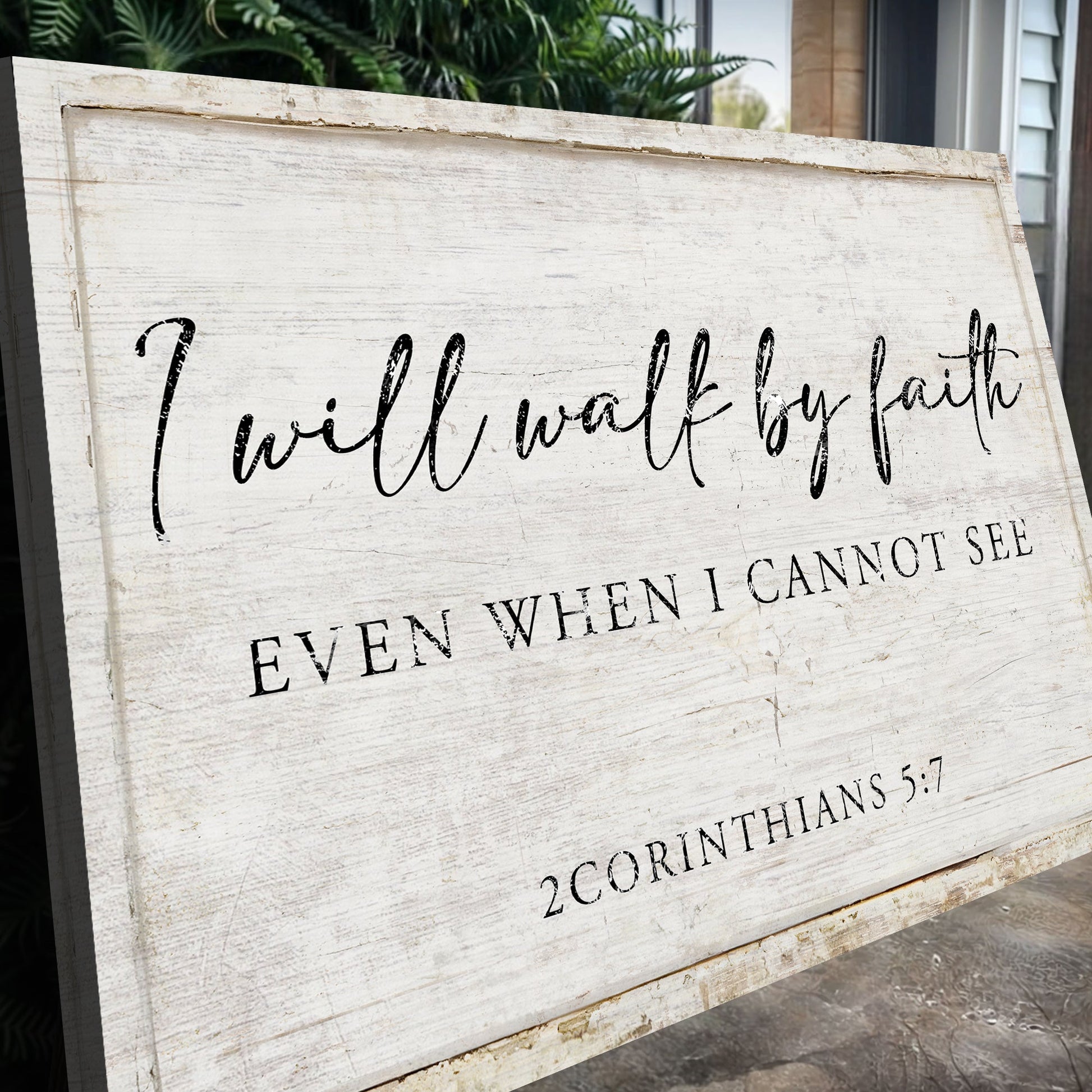 Canvas Faith Sign II on whitewashed wood panel with black cursive text I Will Walk By Faith Even When I Cannot See on Tampa Home & Garden Store