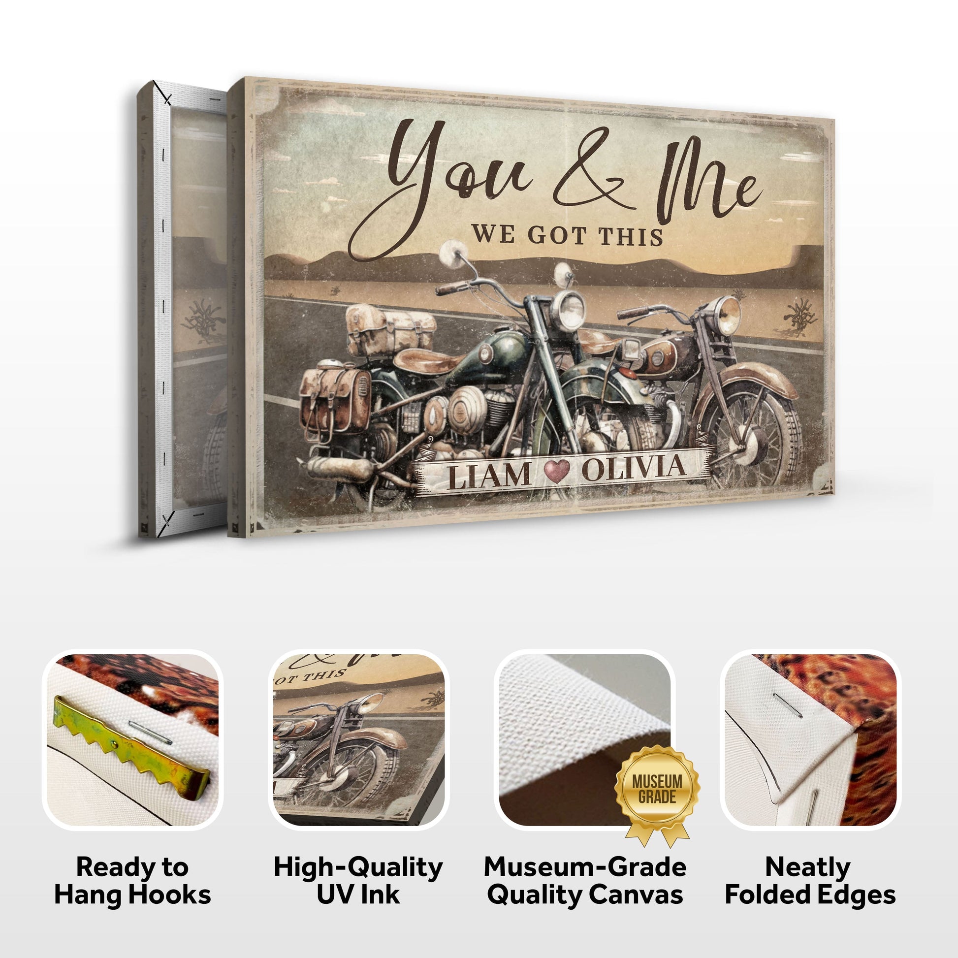 Motorcycle We Got This Couple Sign canvas by Tailored Canvases with You & Me text and bikes on Tampa Home & Garden Store