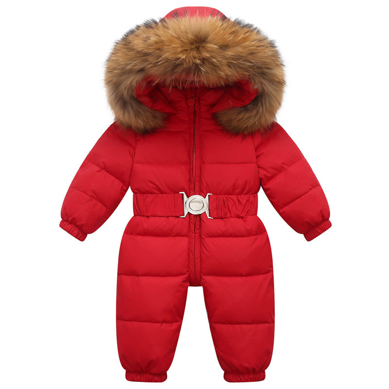 Stevvex red baby snowsuit with fur-trim hood, belt; windproof puffer snow suit for babies on Tampa Home & Garden Store