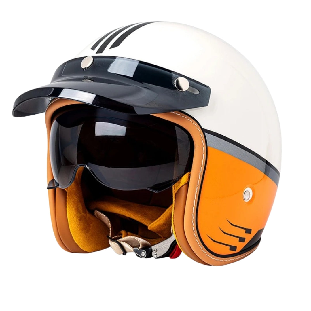 The Street King vintage open-face helmet by BikerZoneZ, white shell with orange leather ear guards on Tampa Home & Garden Store