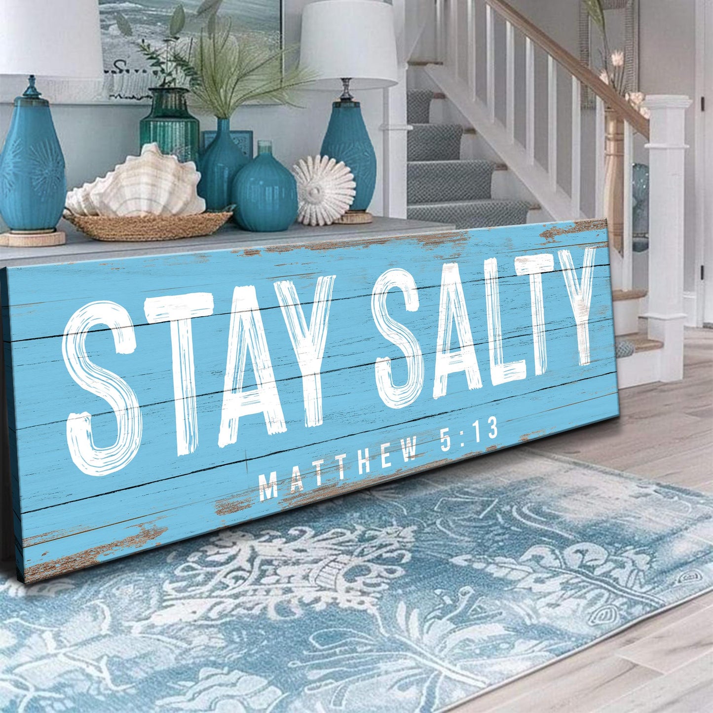 Stay Salty Coastal Sign IV canvas on blue distressed wood panel with white weathered lettering and seashell decor on Tampa Home & Garden Store