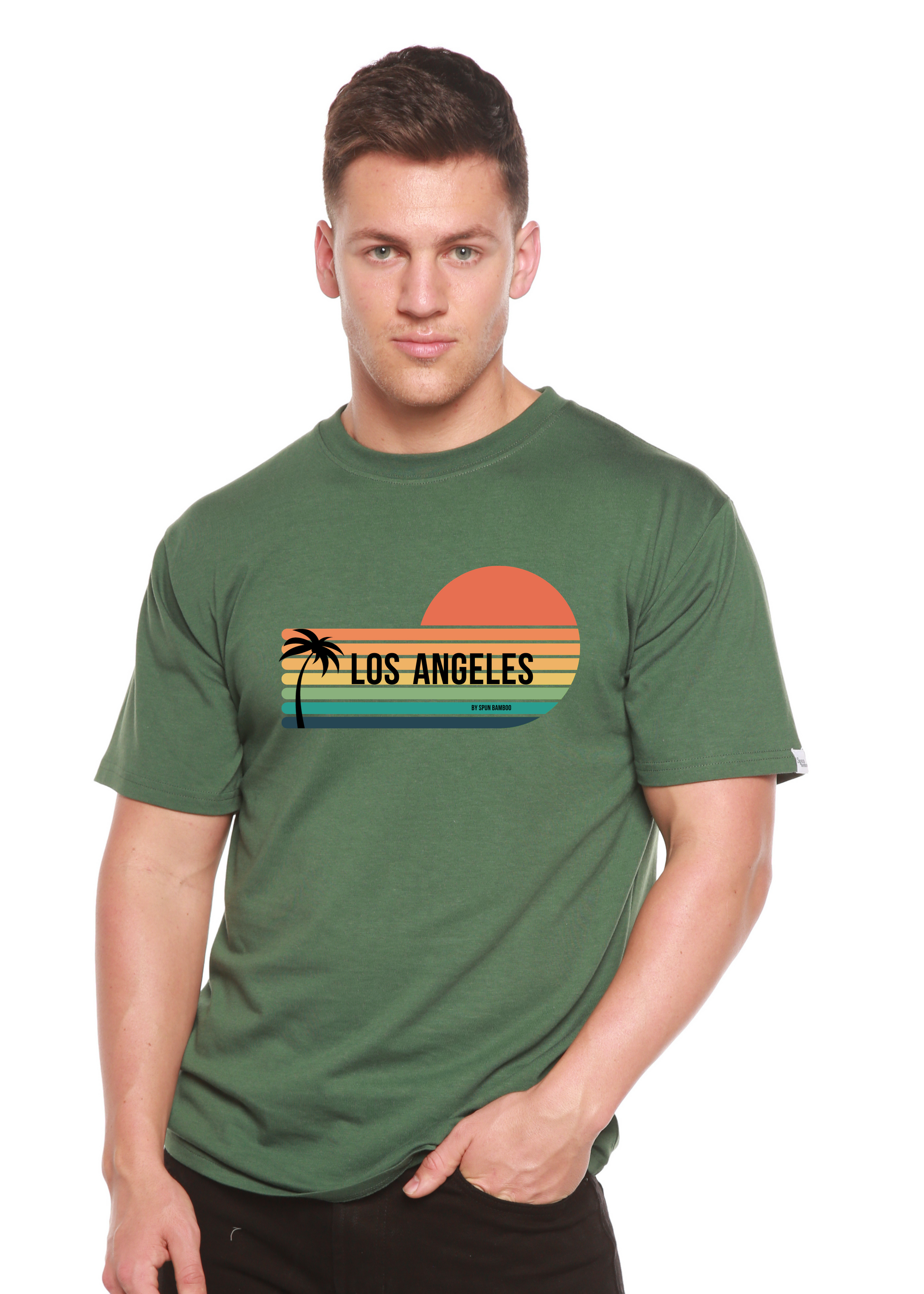 Men's graphic t-shirt olive green with Los Angeles sunset palm design by Spun Bamboo on Tampa Home & Garden Store