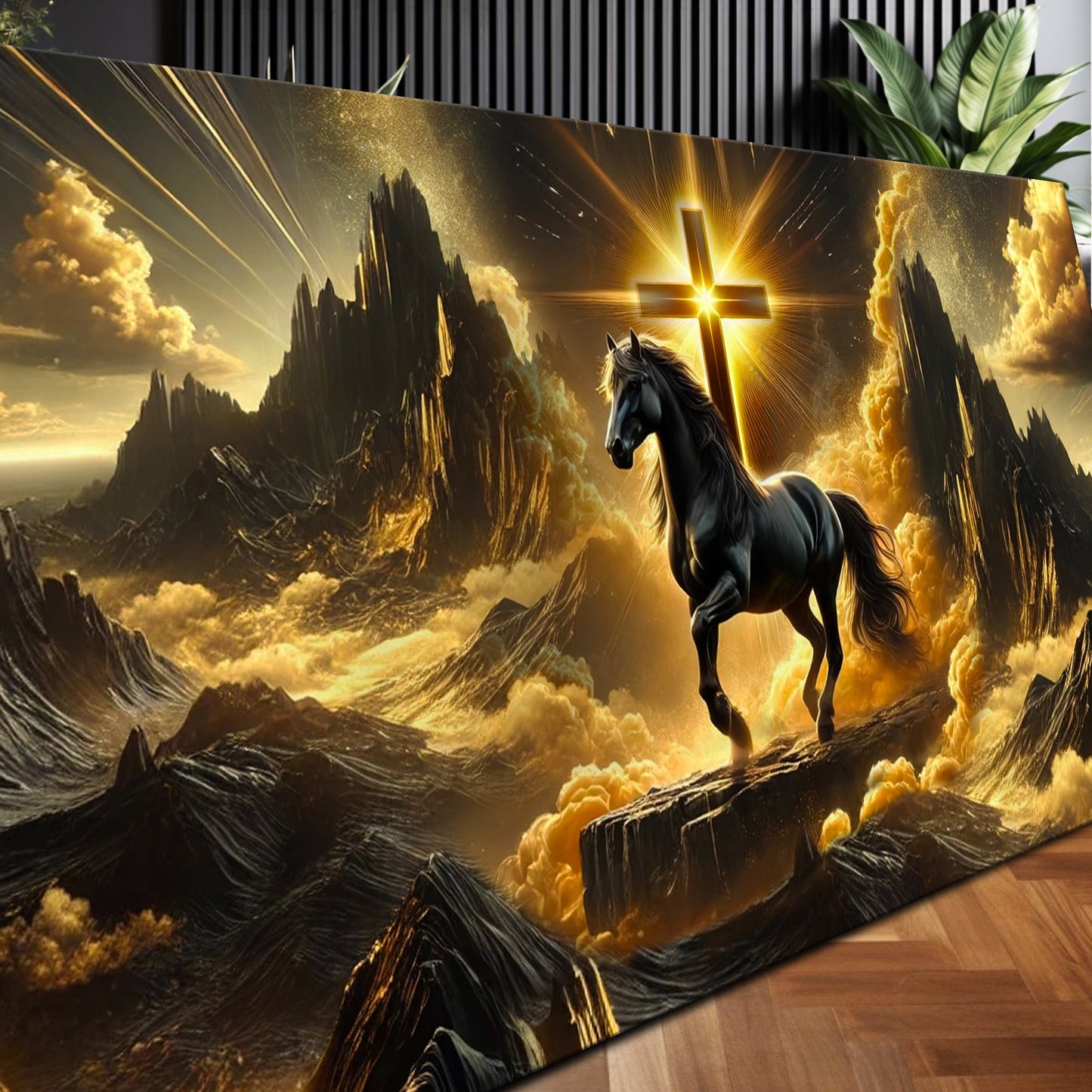 3D Horse Faith Wall Art canvas shows a black horse before a glowing cross in a golden sky on Tampa Home & Garden Store