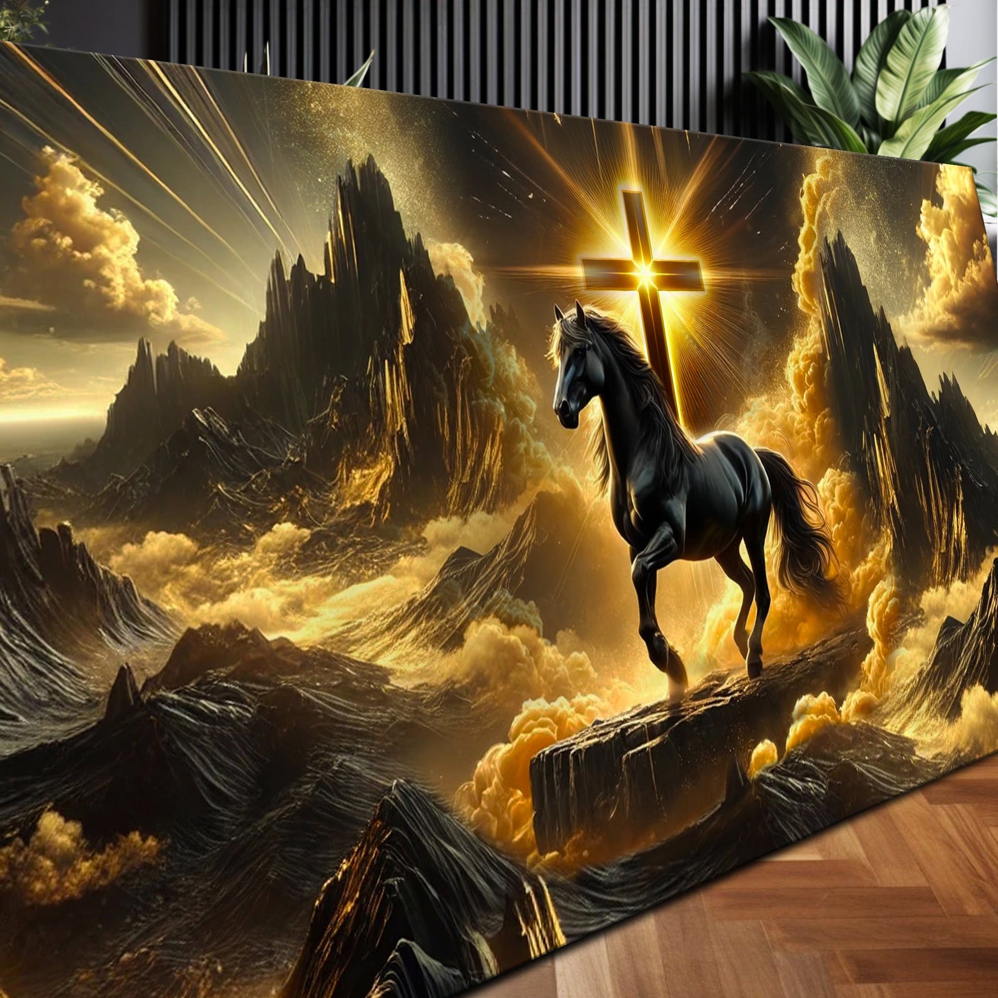 3D Horse Faith Wall Art canvas shows a black horse before a glowing cross in a golden sky on Tampa Home & Garden Store