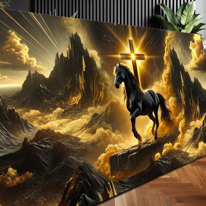 3D Horse Faith Wall Art canvas shows a black horse before a glowing cross in a golden sky on Tampa Home & Garden Store