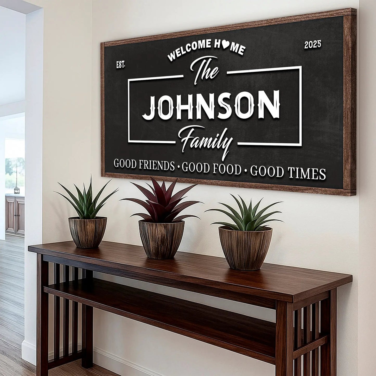 Welcome Home Wall Sign canvas by Tailored Canvases, chalkboard black with white type, wood frame on Tampa Home & Garden Store