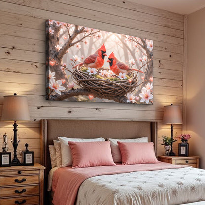 3D Cardinals Wall Art canvas print of two red cardinals in a nest among pink blossoms on Tampa Home & Garden Store