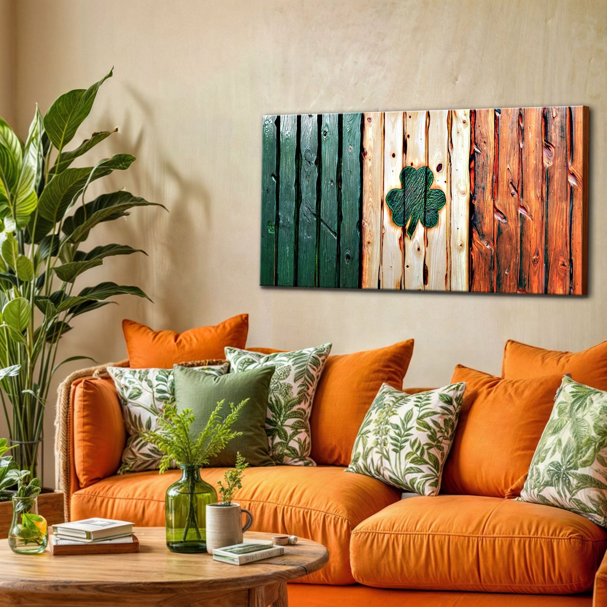 Irish Shamrock Glory wooden flag wall art canvas by Tailored Canvases with multicolor planks on Tampa Home & Garden Store
