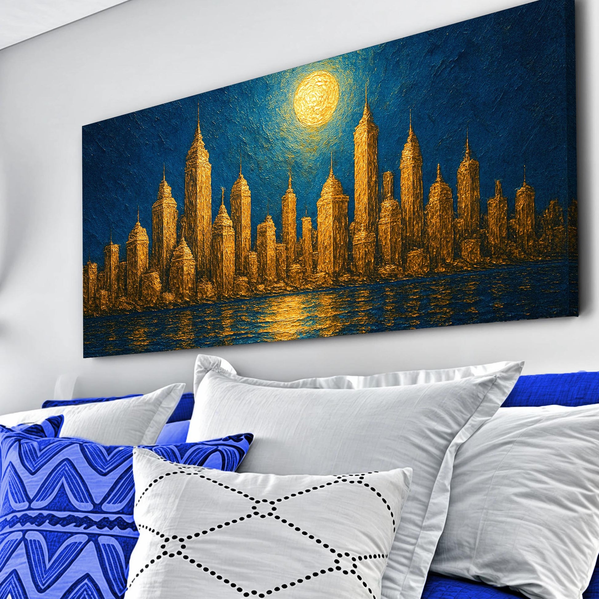 Golden Metropolis Cityscape Impasto Canvas by Tailored Canvases gilded skyline on canvas on Tampa Home & Garden Store