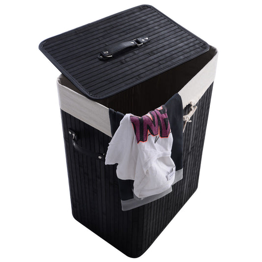Rectangle Bamboo Hamper Laundry Basket Washing Cloth Bin Storage Bag Lid 3 color-Black - Tampa Home & Garden Store