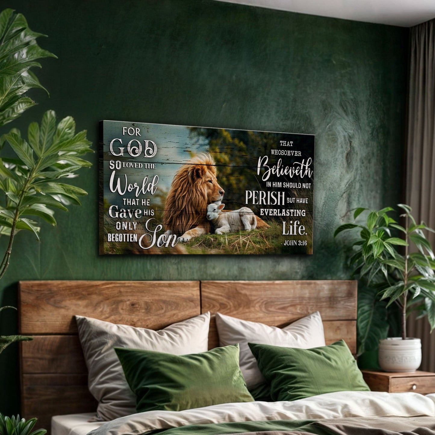Canvas John 3:16 faith sign by Tailored Canvases with lion artwork on green rustic backdrop on Tampa Home & Garden Store