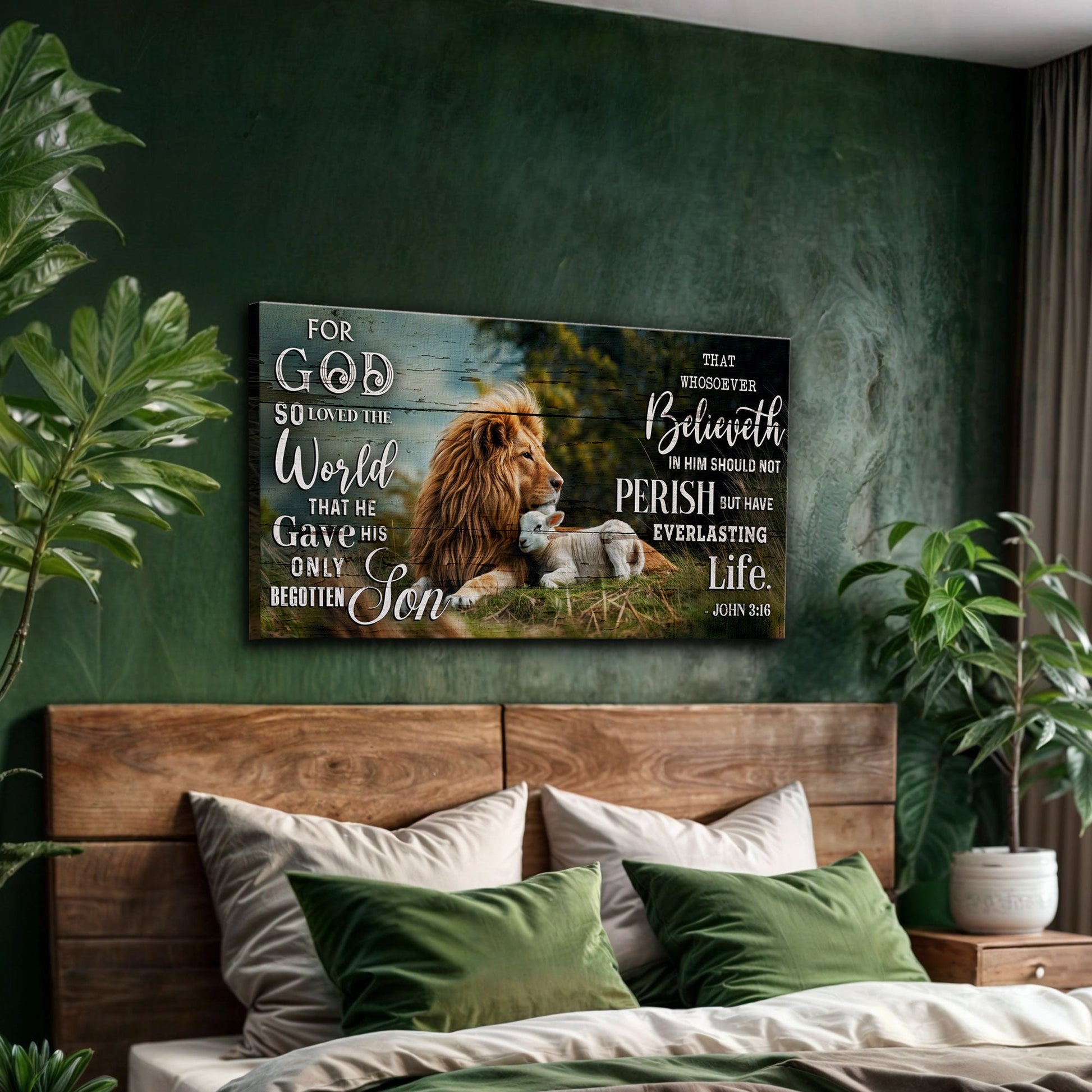 Canvas John 3:16 faith sign by Tailored Canvases with lion artwork on green rustic backdrop on Tampa Home & Garden Store