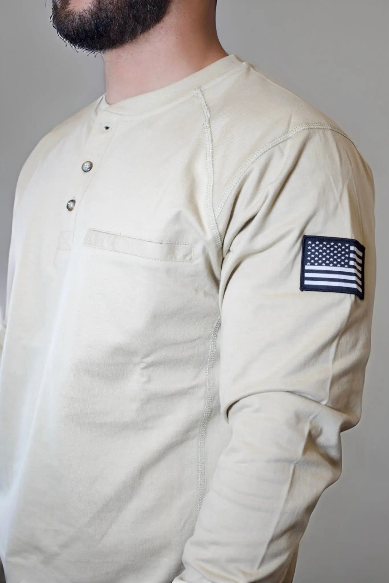 FR 3-Button Henley Shirt - Tan by Static FR with chest pocket and US flag patch on sleeve on Tampa Home & Garden Store