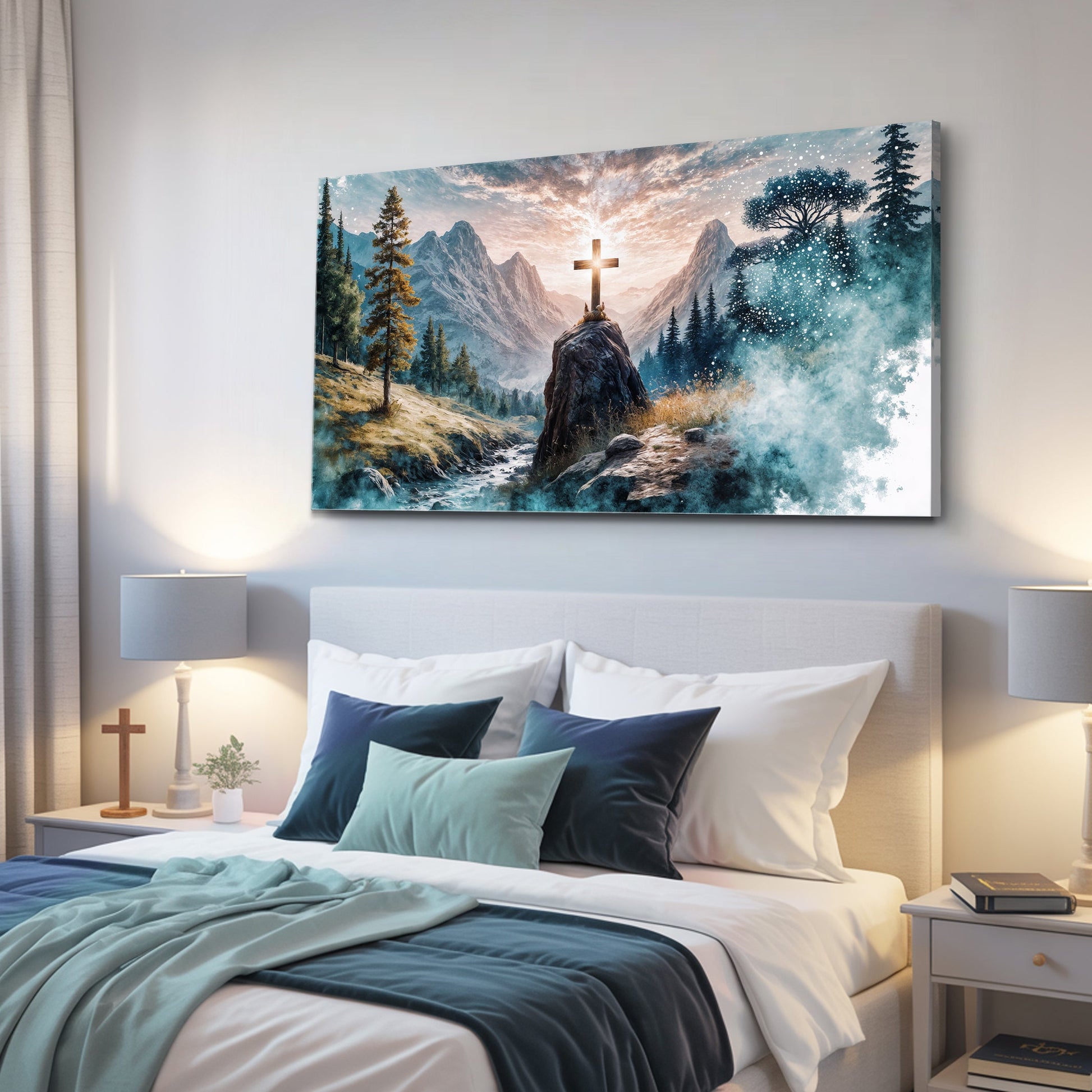 Cross On A Hill Faith Wall Art canvas featuring a glowing cross atop a hill with pine trees on Tampa Home & Garden Store