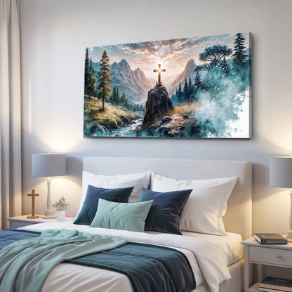 Cross On A Hill Faith Wall Art canvas featuring a glowing cross atop a hill with pine trees on Tampa Home & Garden Store