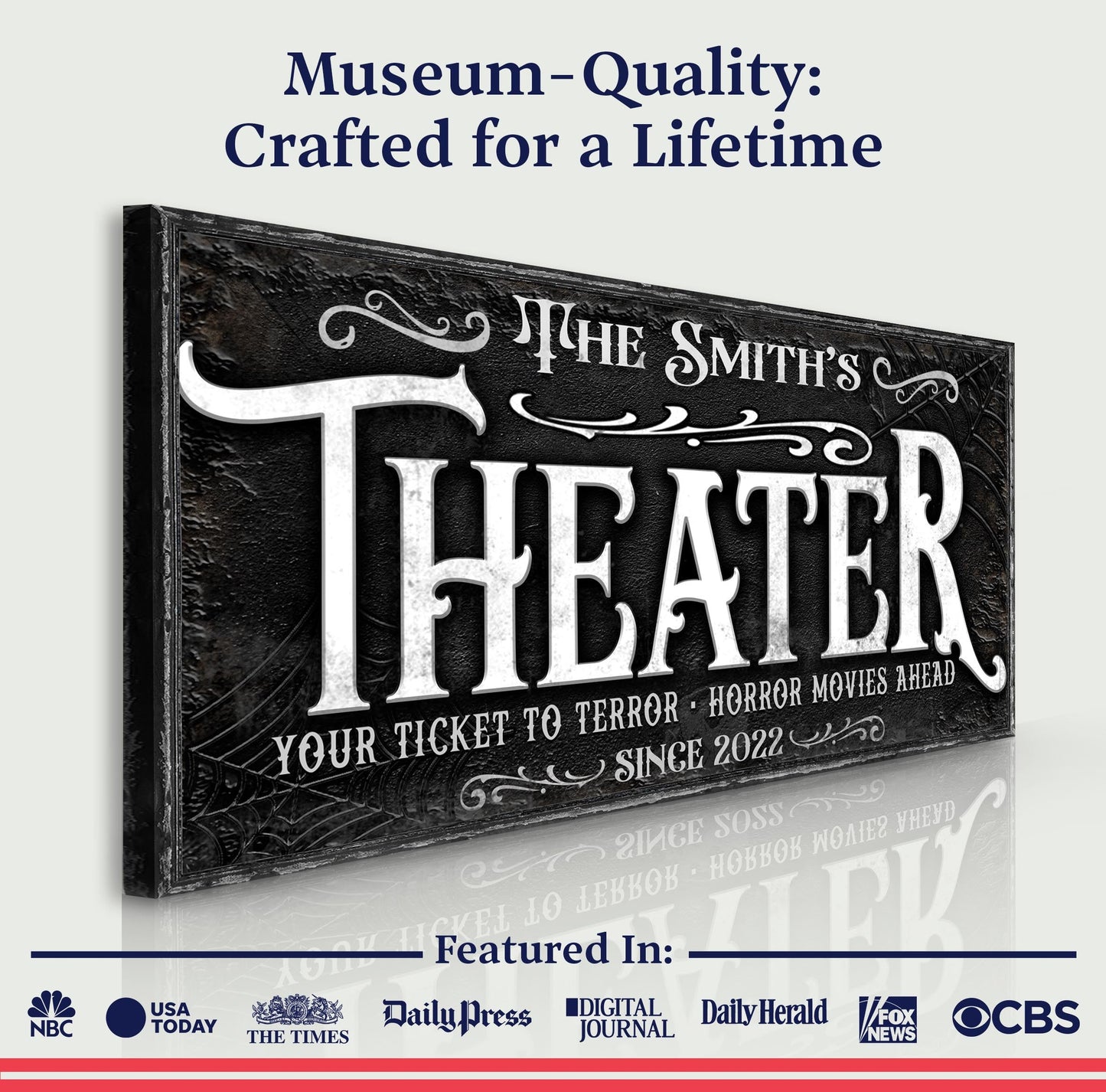 Theater Sign VII canvas by Tailored Canvases, black ornate vintage theater poster design on Tampa Home & Garden Store