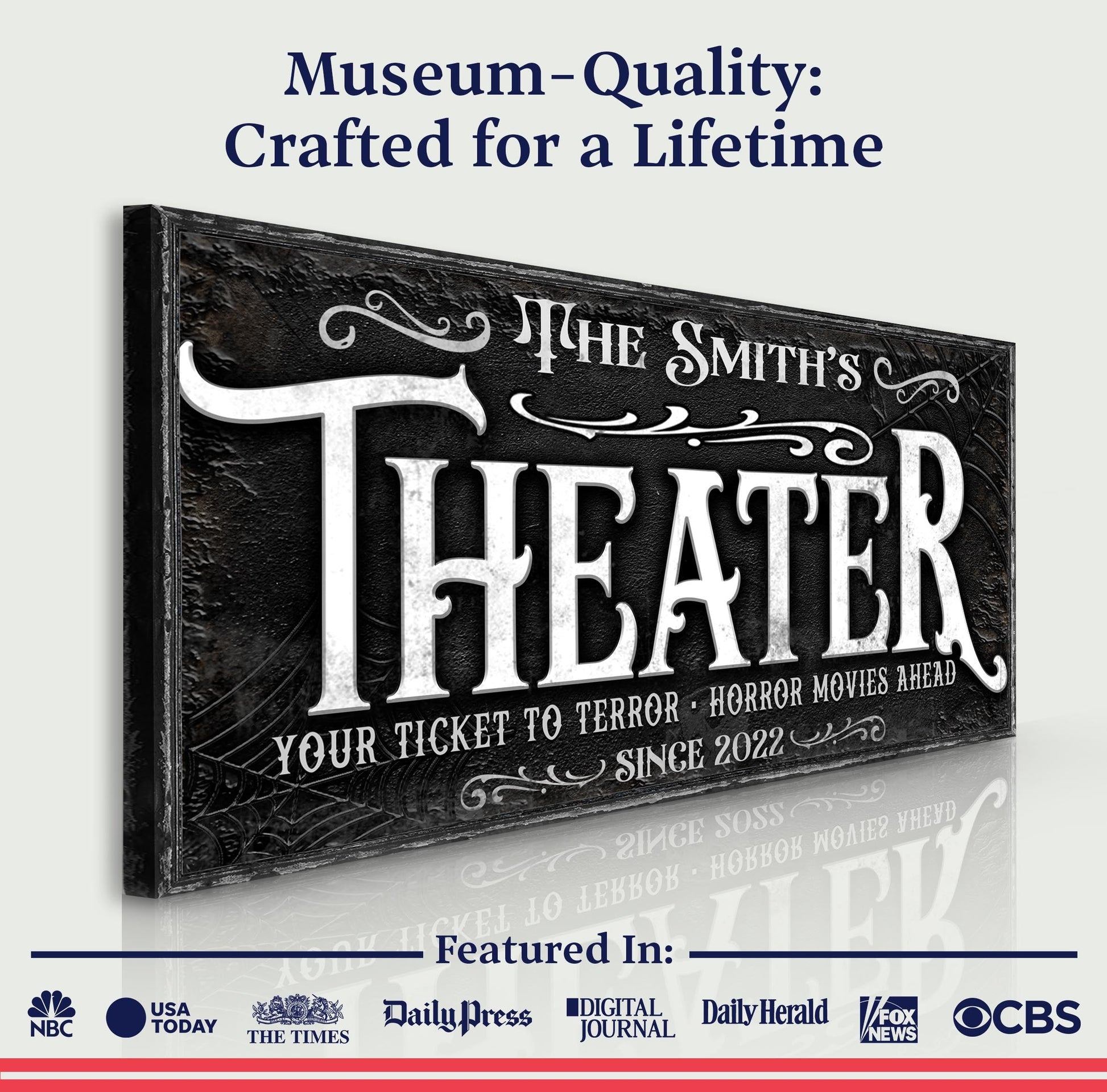 Theater Sign VII canvas by Tailored Canvases, black ornate vintage theater poster design on Tampa Home & Garden Store