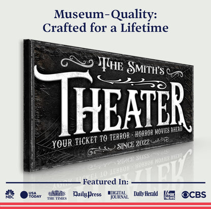 Theater Sign VII canvas by Tailored Canvases, black ornate vintage theater poster design on Tampa Home & Garden Store