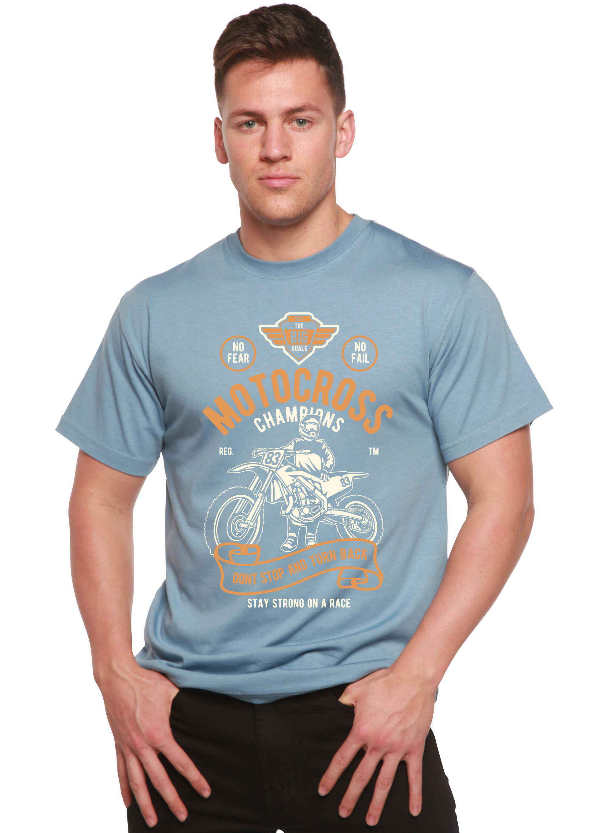 Motocross Champions men's graphic T-shirt bamboo viscose/organic cotton, light blue, Spun Bamboo on Tampa Home & Garden Store