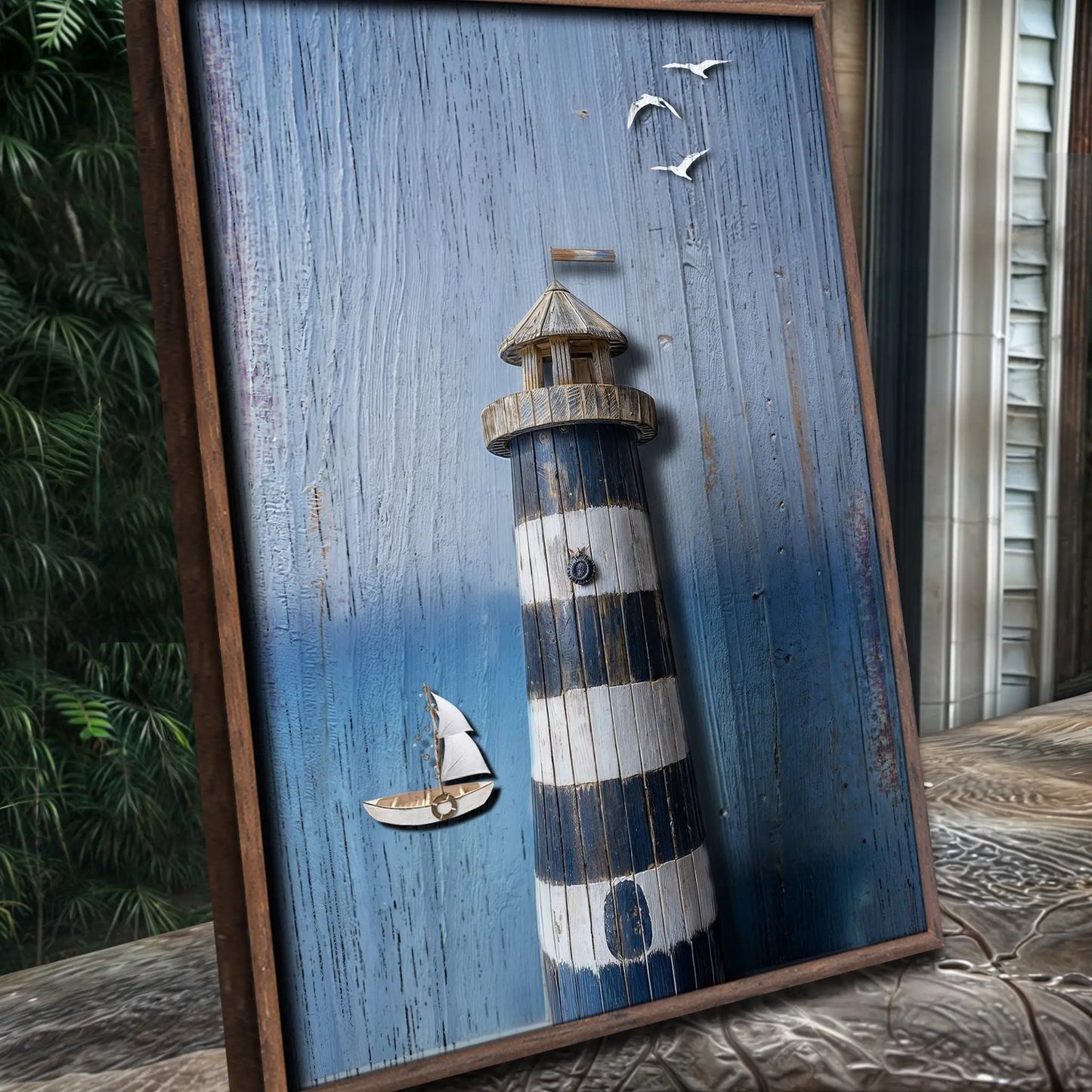 Wooden Lighthouse Coastal Wall Art III canvas on blue weathered wood frame Tailored Canvases on Tampa Home & Garden Store