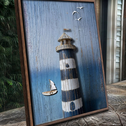 Wooden Lighthouse Coastal Wall Art III canvas on blue weathered wood frame Tailored Canvases on Tampa Home & Garden Store