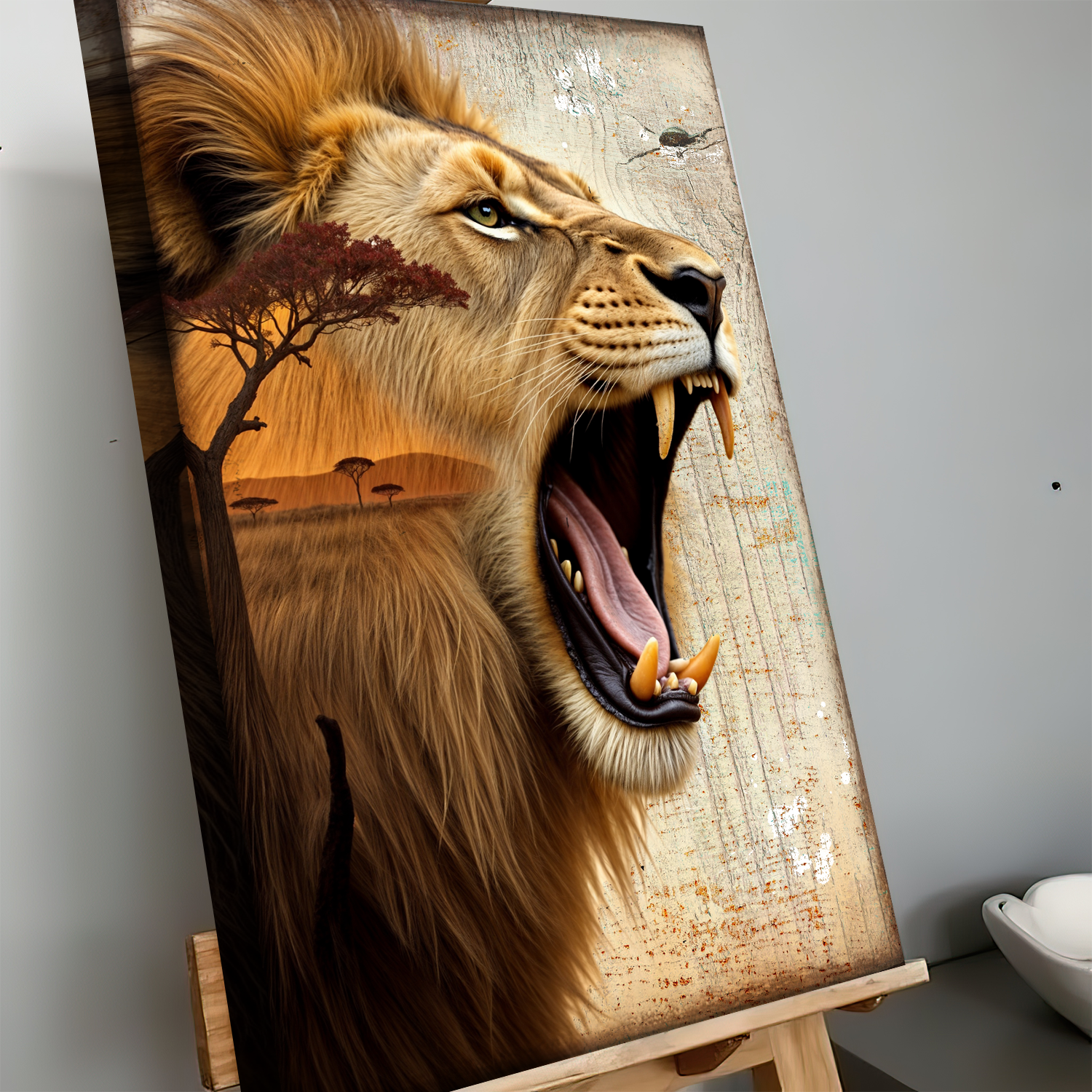 Lion Double Exposure Wall Art canvas Tailored Canvases, warm savanna tones on Tampa Home & Garden Store