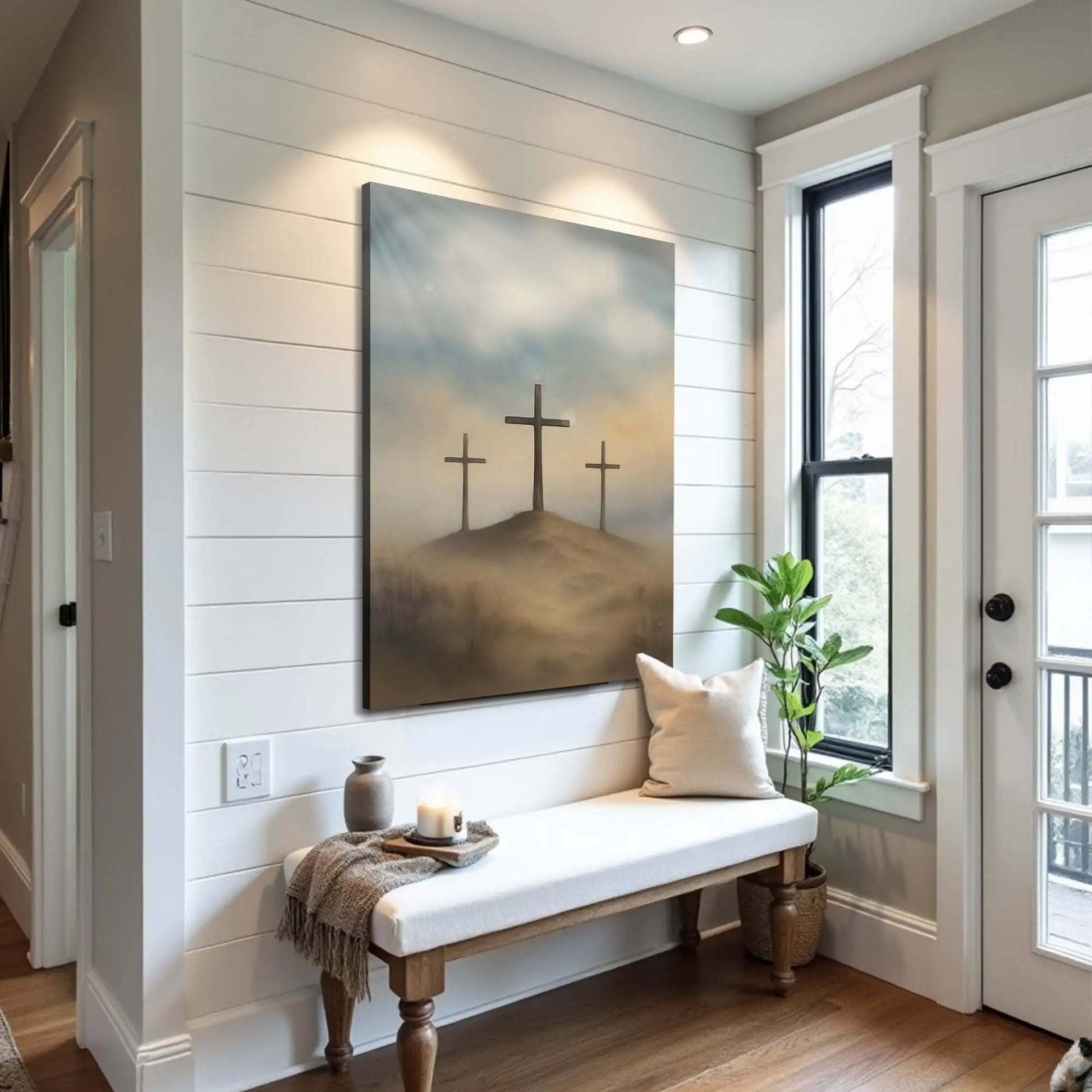 Three Crosses on Calvary Faith Wall Art II canvas with soft sunset tones on Tampa Home & Garden Store