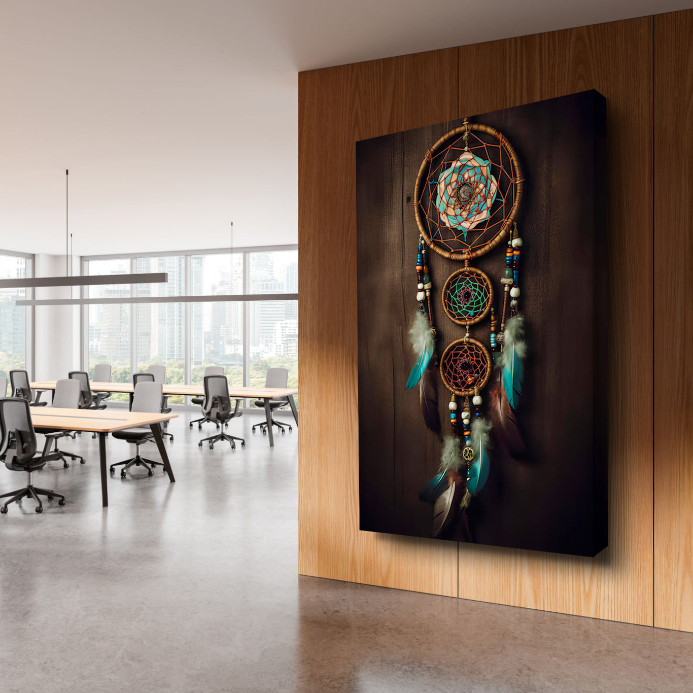 3D Whispering Feathers Wall Art VI canvas with 3 dreamcatchers, teal webs & beads on wood panel on Tampa Home & Garden Store