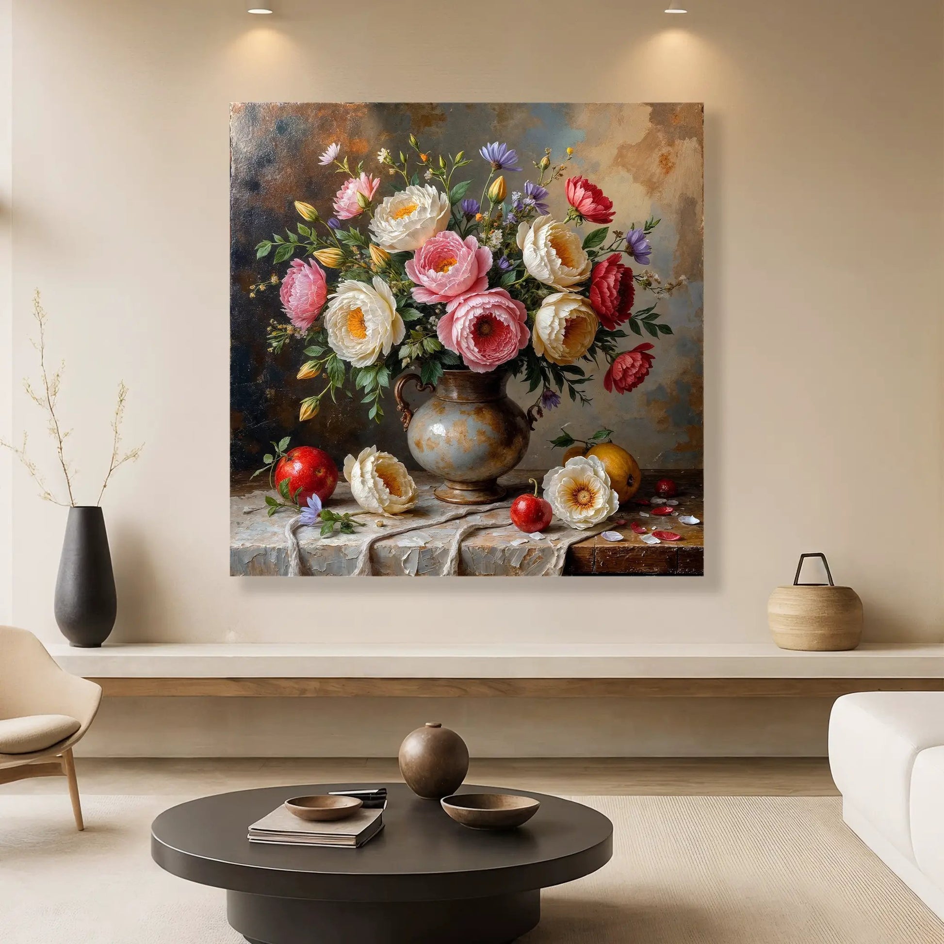 Summer Bloom Vase Wall Art canvas by Tailored Canvases, vibrant bouquet in a vase on a rustic table on Tampa Home & Garden Store
