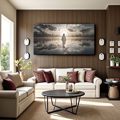Walking on Water Faith Wall Art III canvas by Tailored Canvases; figure on water with sun rays on Tampa Home & Garden Store