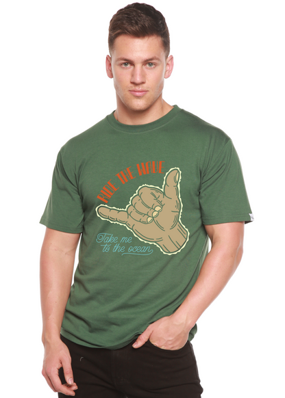 Ride The Wave men's green T-shirt in bamboo viscose/organic cotton blend with hand graphic on Tampa Home & Garden Store