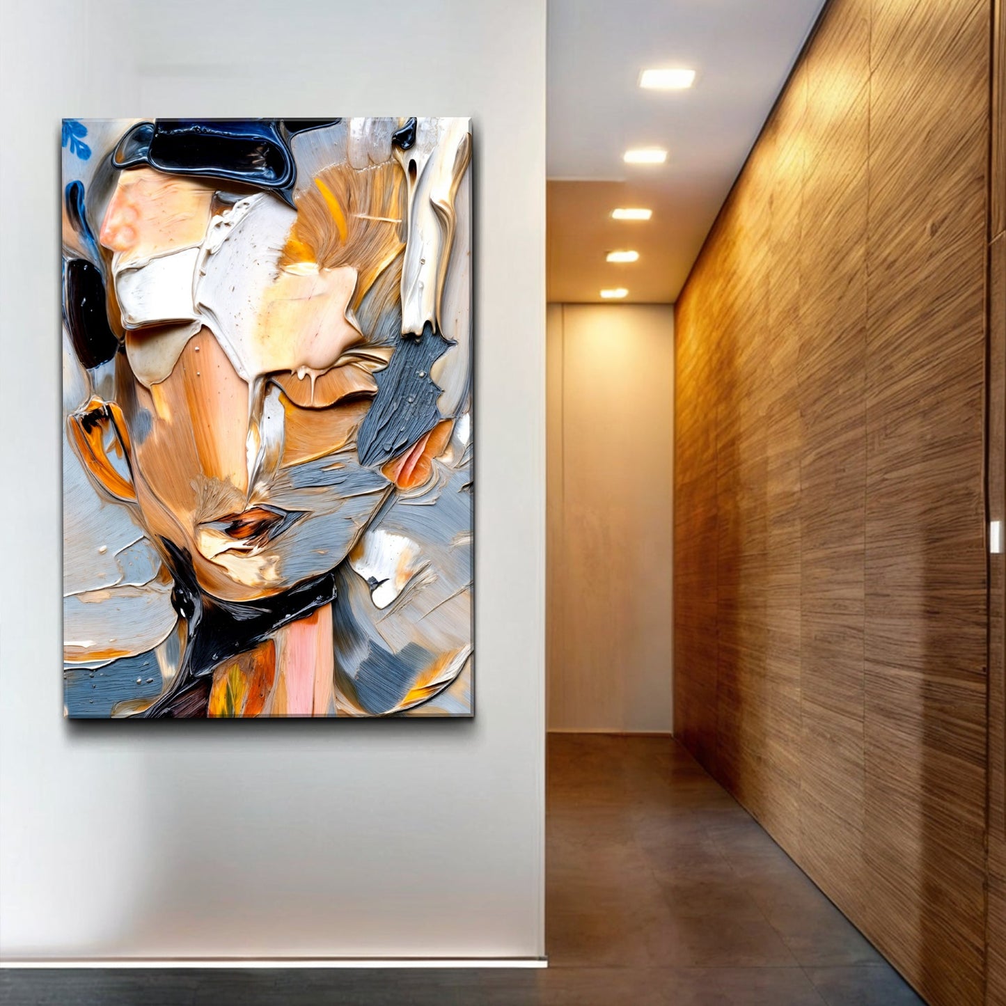 Beyond The Face Abstract Wall Art canvas with bold impasto blues, creams and oranges on Tampa Home & Garden Store