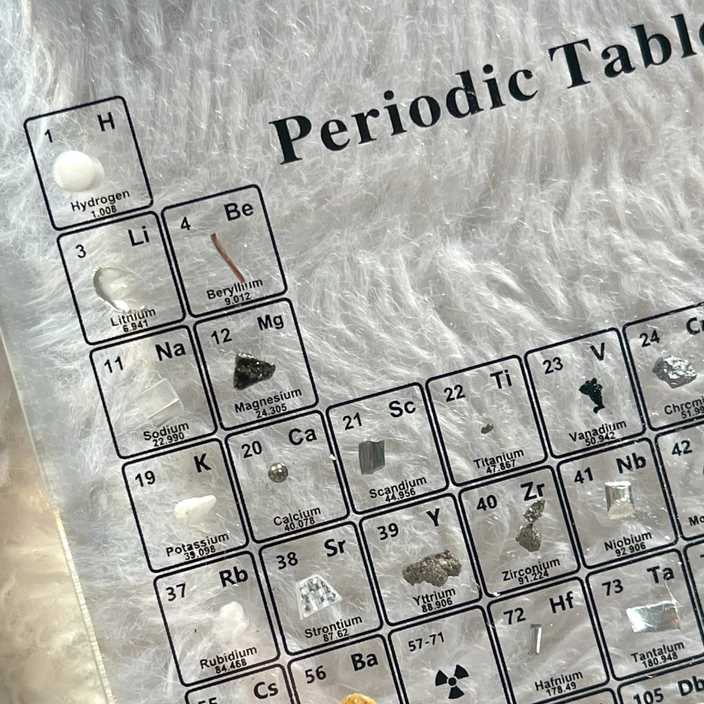LED Periodic Table Element Display visual artwork by Moktan Sabai with mineral samples in boxes on Tampa Home & Garden Store