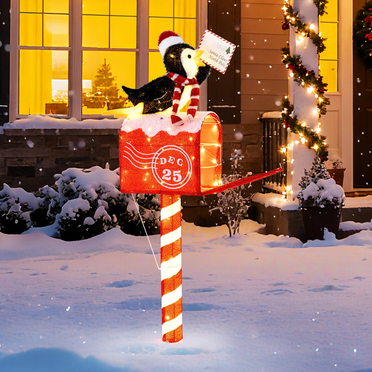 4.8 ft Christmas lighted penguin on red candy-stripe mailbox post with 100 warm white LEDs on Tampa Home & Garden Store