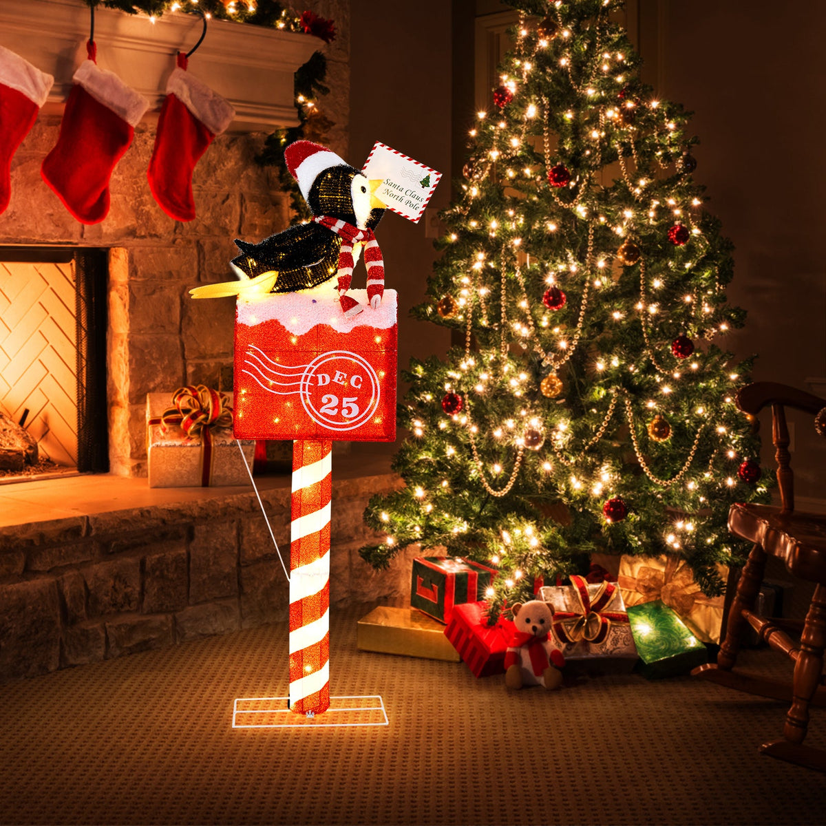 4.8 ft lighted penguin on candy-cane mailbox with 100 warm white LEDs by DirectDeals on Tampa Home & Garden Store