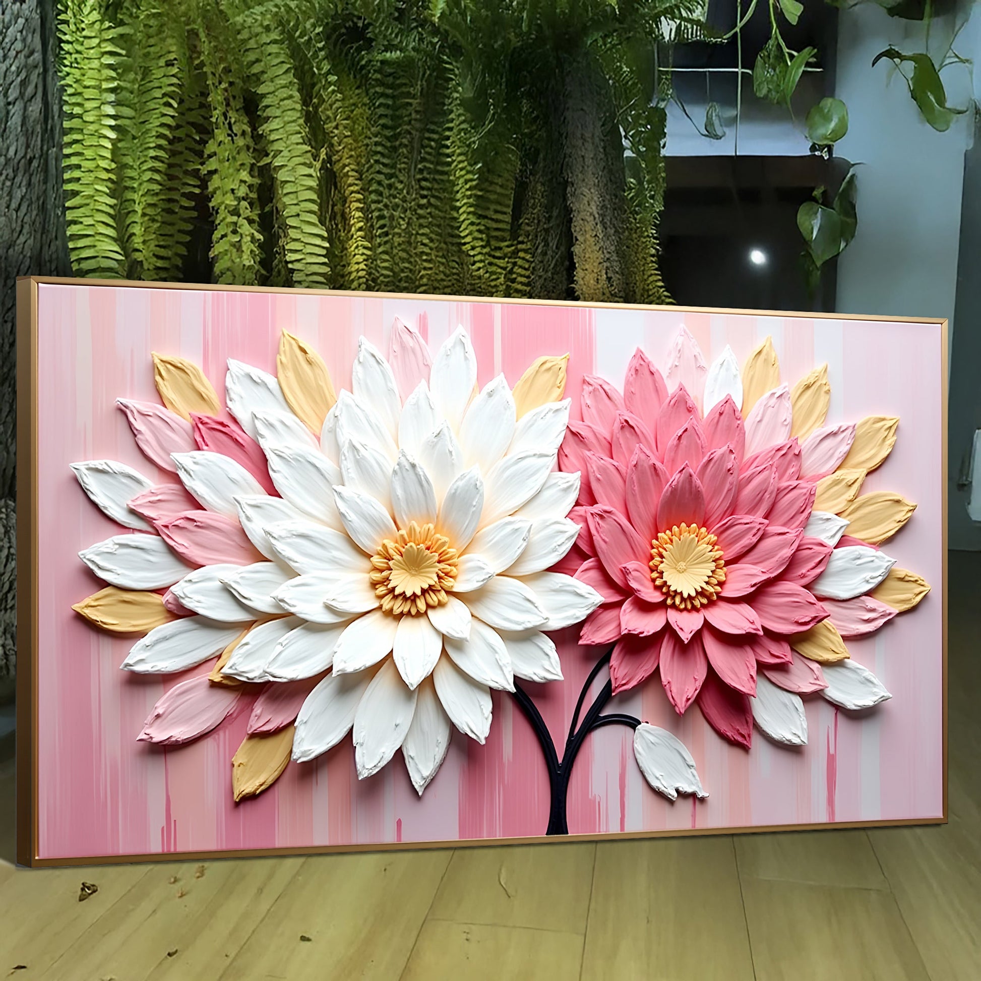 Blushing Blooms Pink Wall Art canvas with large white, pink petals on pink backdrop on Tampa Home & Garden Store