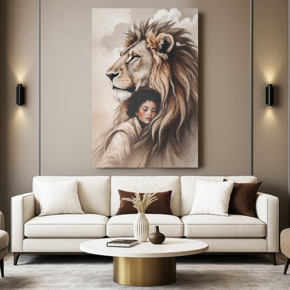 Lion And Girl Faith Wall Art canvas, beige-toned lion and girl portrait on Tampa Home & Garden Store