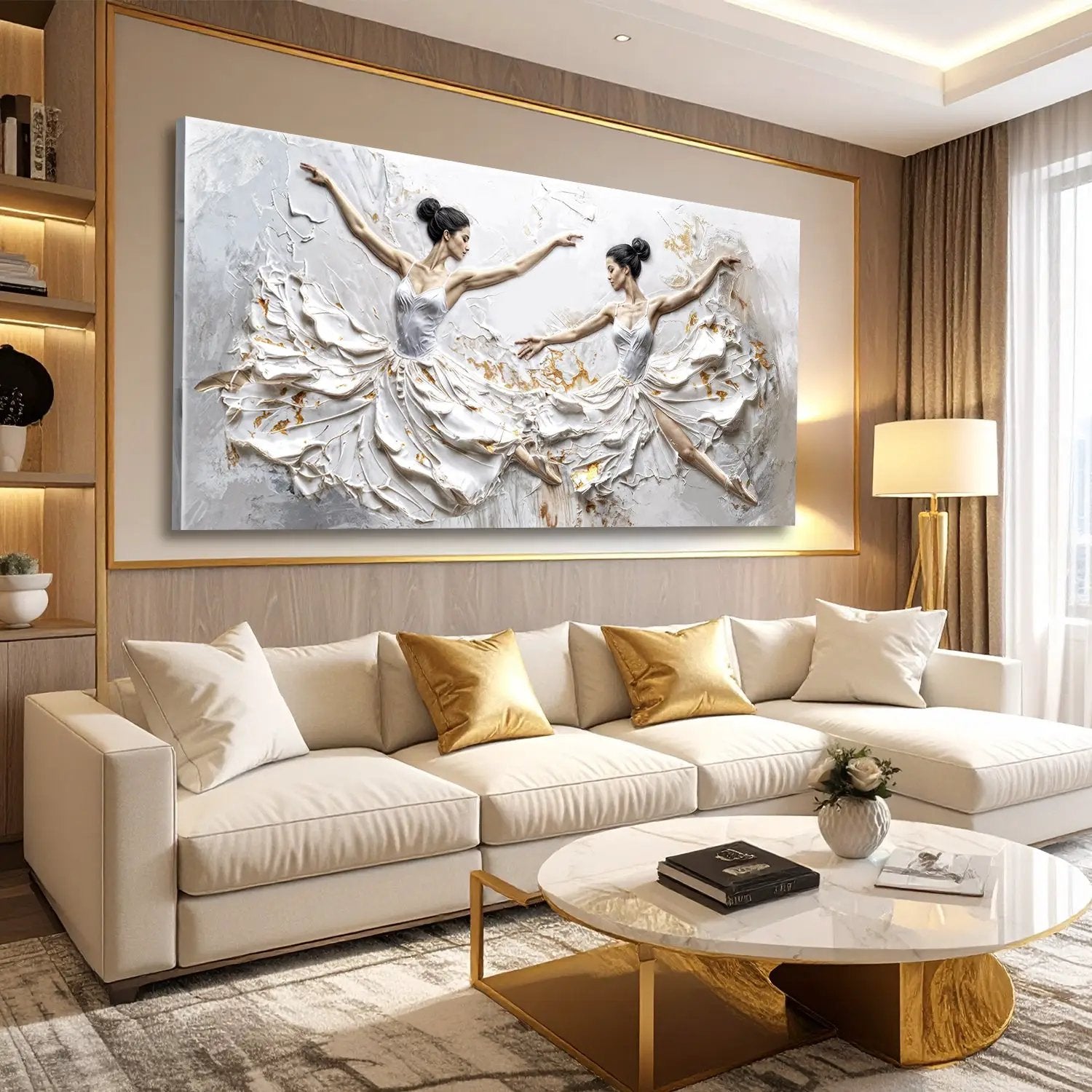 Modern Ethereal Dancers Wall Art canvas, textured white with gold by Tailored Canvases on Tampa Home & Garden Store